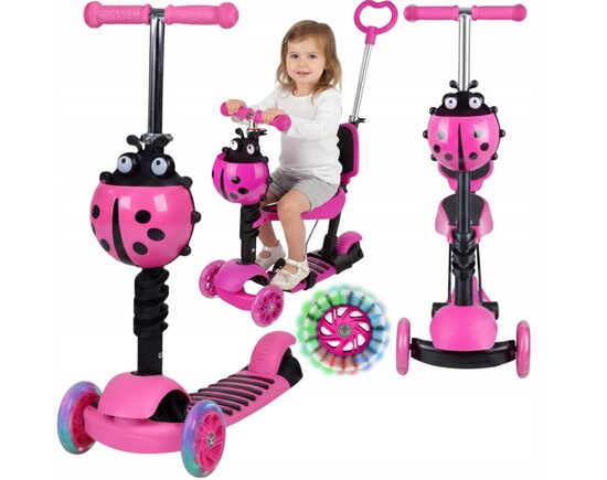 Triratis paspirtukas su stūmimo rankena Scooter 5in1, rožinis